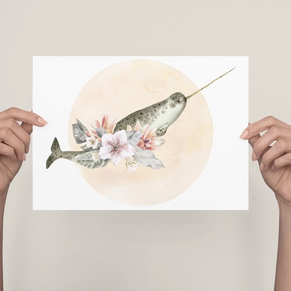 Watercolor Floral Narwhal Wall Art Illustration Print Poster Card Unframed - Picture 3 of 5